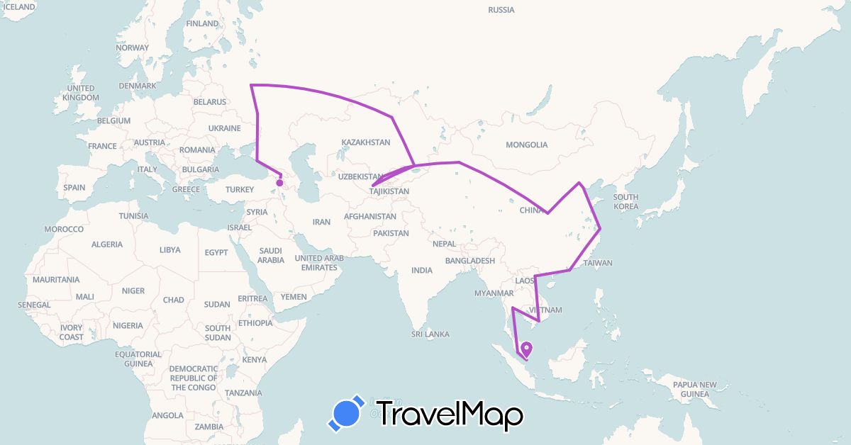 TravelMap itinerary: driving, train in Armenia, China, Georgia, Kyrgyzstan, Cambodia, Kazakhstan, Malaysia, Russia, Singapore, Thailand, Uzbekistan, Vietnam (Asia, Europe)